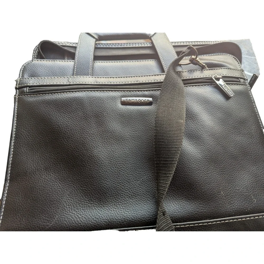 Samsonite Black Leather Computer Briefcase Calculator Shoulder Strap Vintage